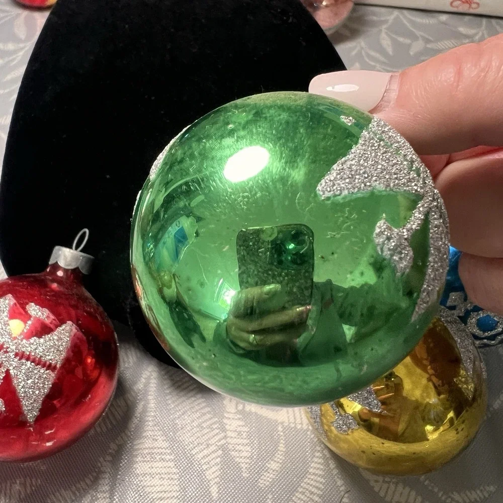 Vintage‎ USA MADE Mercury Glass Christmas Ornaments Stencil Glitter Lot 4